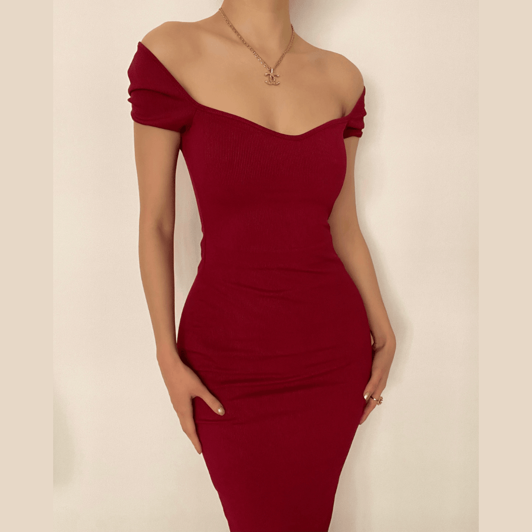 Siren Red Off-Shoulder Ribbed Midi Dress - Autumn Allure for Fall & Holiday Events