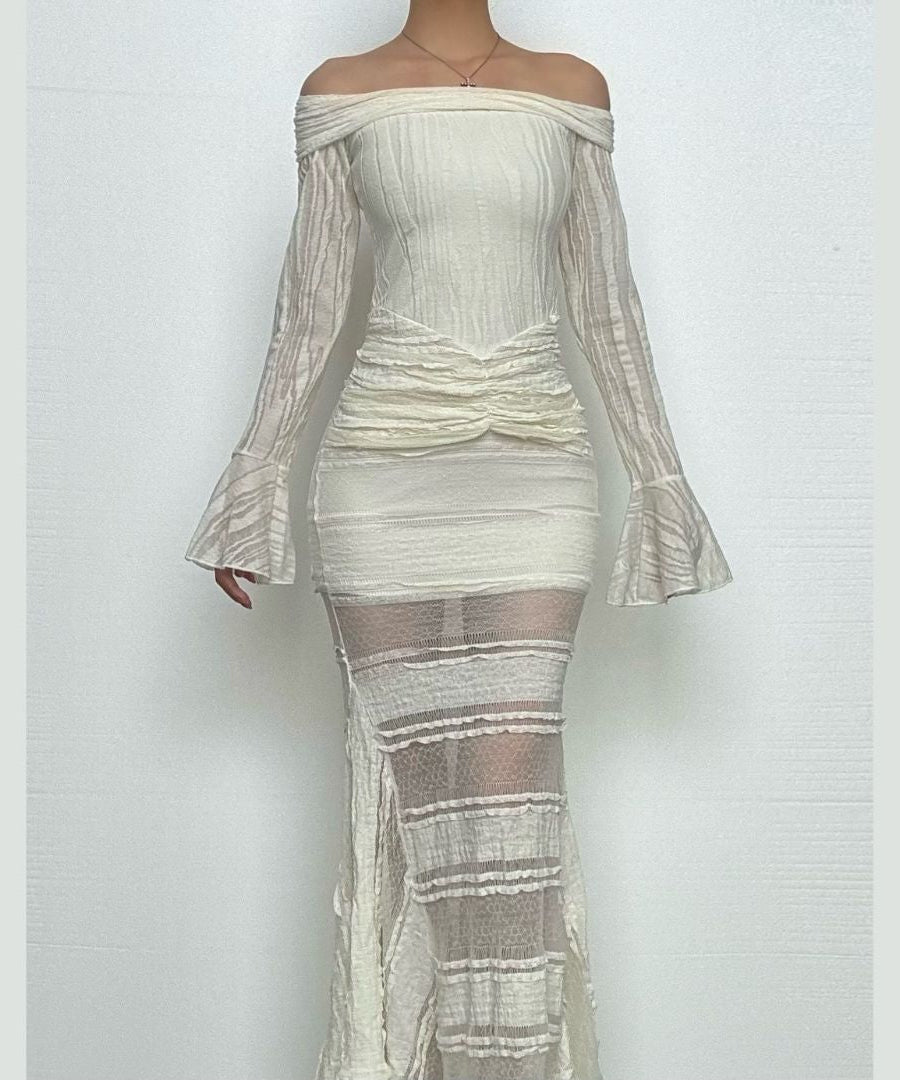 Ethereal Chic Off-Shoulder Ruched Lace Maxi Dress - Fall Events & Holiday Ready