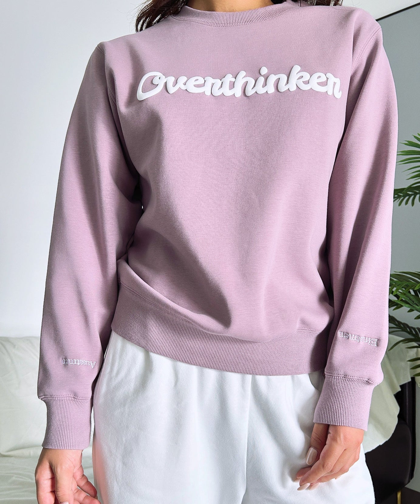 Overthinker Cozy Lavender Crewneck Sweatshirt | Mindful "Breathe In, Breathe Out" Cuffs
