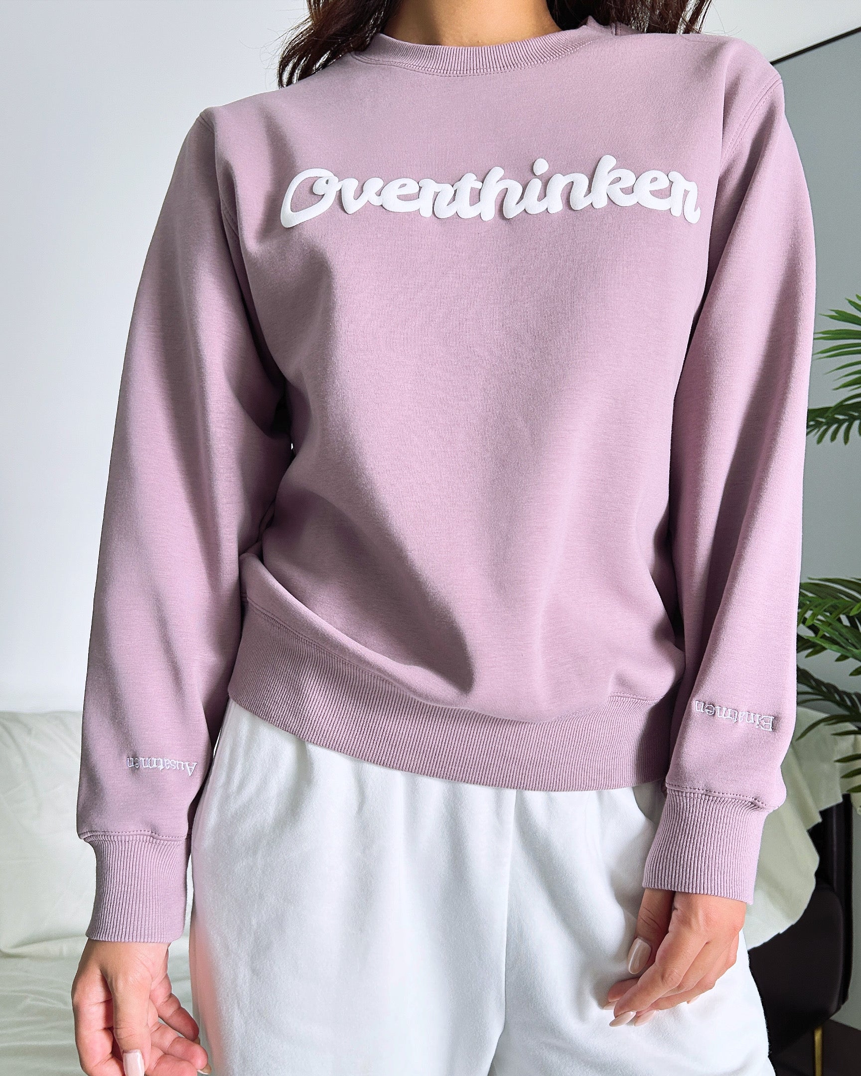 Overthinker Cozy Lavender Crewneck Sweatshirt | Mindful "Breathe In, Breathe Out" Cuffs