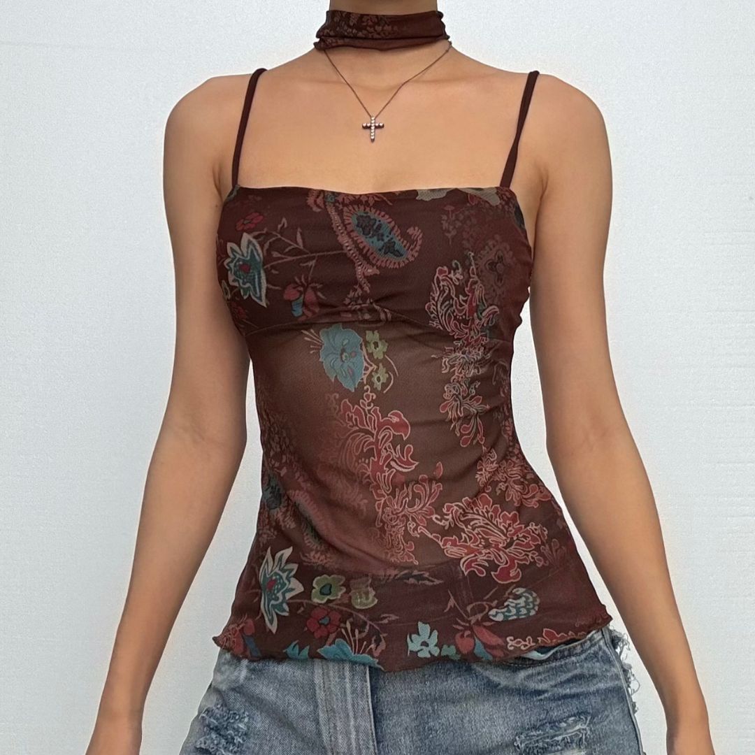 Y2K Fall Floral Mesh Cami Top - Brown Sheer Spaghetti Strap Blouse for Effortless Style