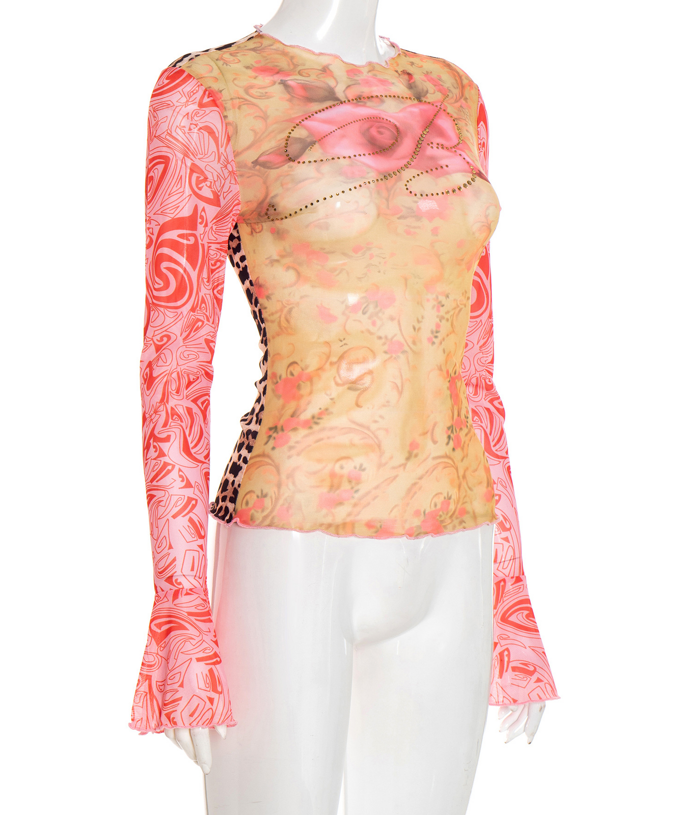 Autumn Bloom Sheer Mesh Top: Rhinestone Embellished, Flared Sleeves & Leopard Trim