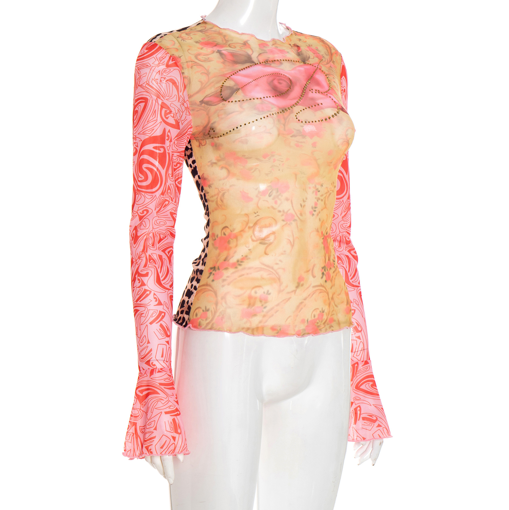 Autumn Bloom Sheer Mesh Top: Rhinestone Embellished, Flared Sleeves & Leopard Trim