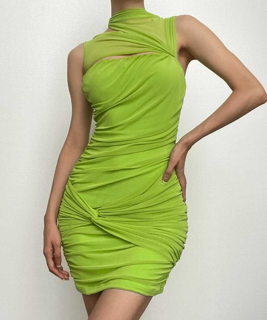 Electric Lime Ruched Mini Dress | Mesh Cutout Bodycon for Fall Parties