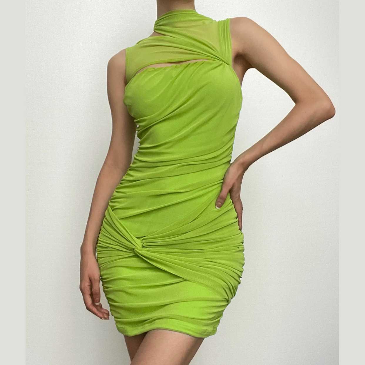 Electric Lime Ruched Mini Dress | Mesh Cutout Bodycon for Fall Parties