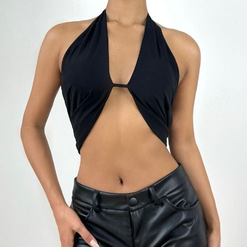 Siren Black Halter Cut-Out Crop Top - Your Go-To for Confident Fall Nights & Party Season
