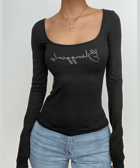 Dazzling Rhinestone Square Neck Long Sleeve Top - Chic Y2K Fall Style