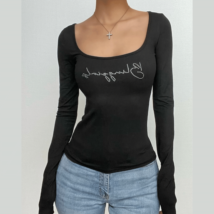 Dazzling Rhinestone Square Neck Long Sleeve Top - Chic Y2K Fall Style