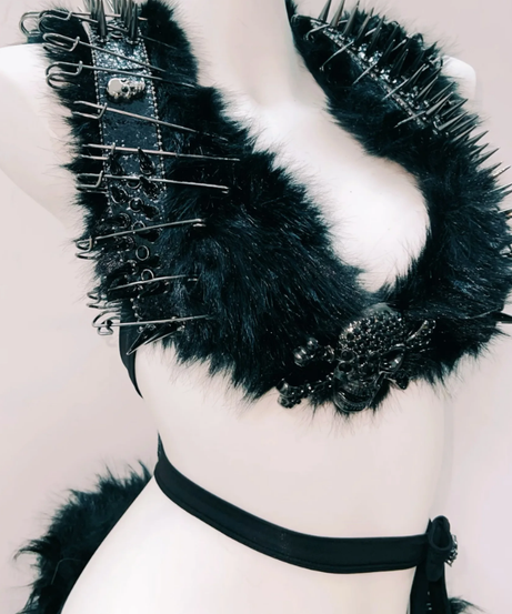 Unleash Your Inner Rebel: Spiked Fur & Skull Gothic Rave Outfit Set - Perfect for Halloween & Festivals