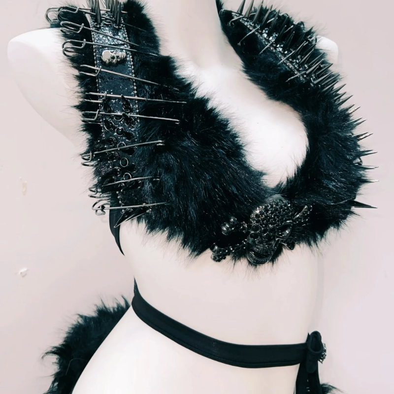 Unleash Your Inner Rebel: Spiked Fur & Skull Gothic Rave Outfit Set - Perfect for Halloween & Festivals