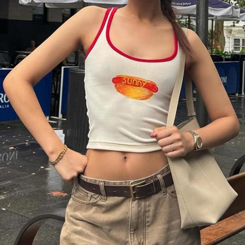 Feelin' Sunny Hot Dog Graphic Crop Top | Y2K Red Trim Racerback Tank
