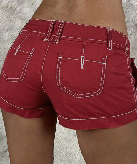 Autumn Red Low-Rise Utility Shorts - Y2K Contrast Stitch Mini