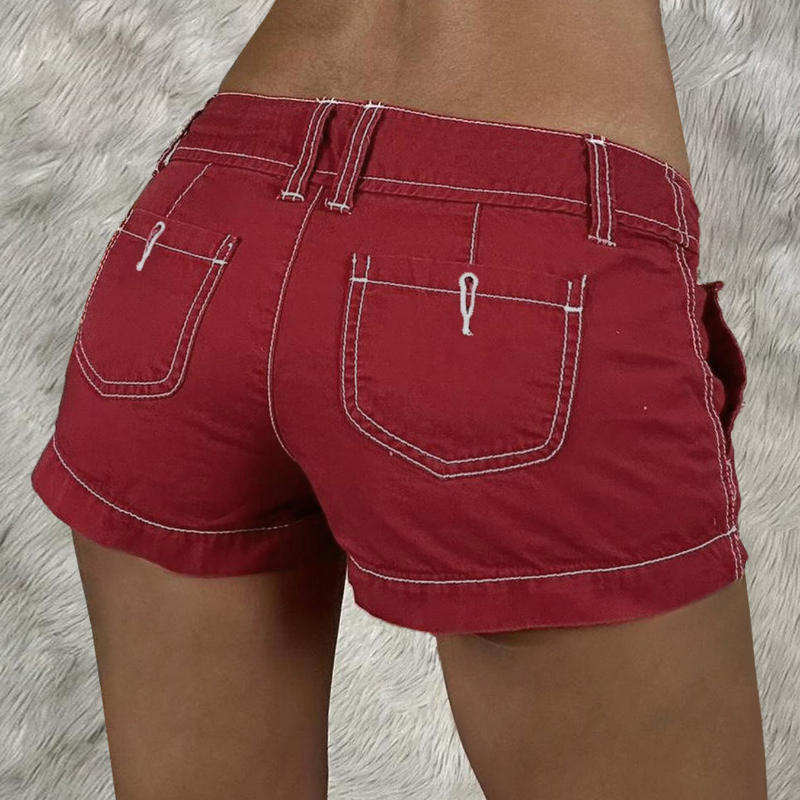 Autumn Red Low-Rise Utility Shorts - Y2K Contrast Stitch Mini