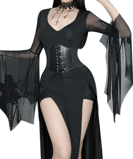Bewitching Black Gothic Corset Maxi Dress with Bell Sleeves & High Slits - Perfect for Halloween & Fall Parties