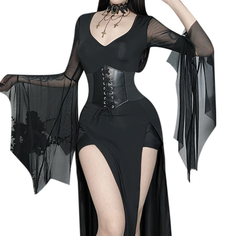 Bewitching Black Gothic Corset Maxi Dress with Bell Sleeves & High Slits - Perfect for Halloween & Fall Parties