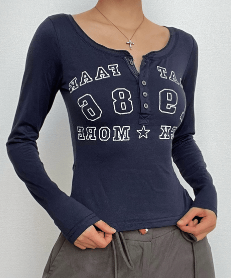Effortless Fall Vibes: Retro 1986 Graphic Long Sleeve Henley Top for Women