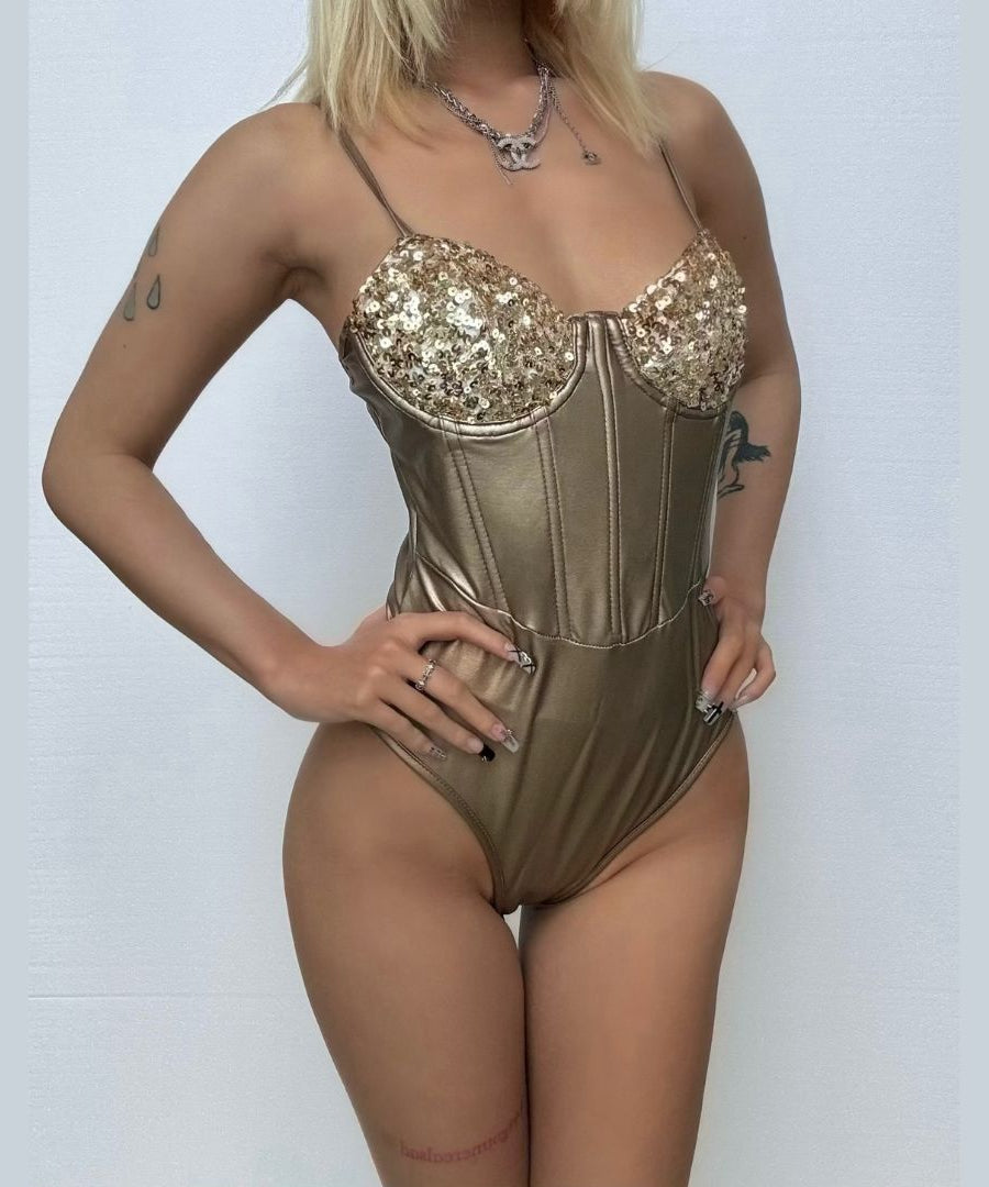 Dazzling Gold Sequin Corset Bodysuit – Ultimate Halloween & Holiday Party Glam