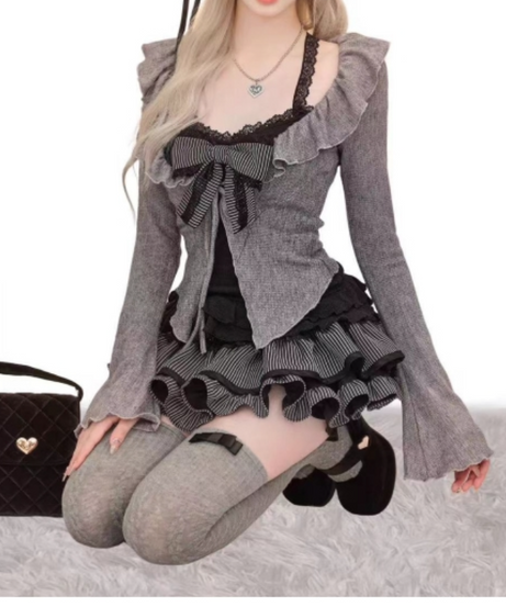Chic Fall Ruffle & Bow Mini Skirt 3-Piece Set - Coquette & Dark Academia Style