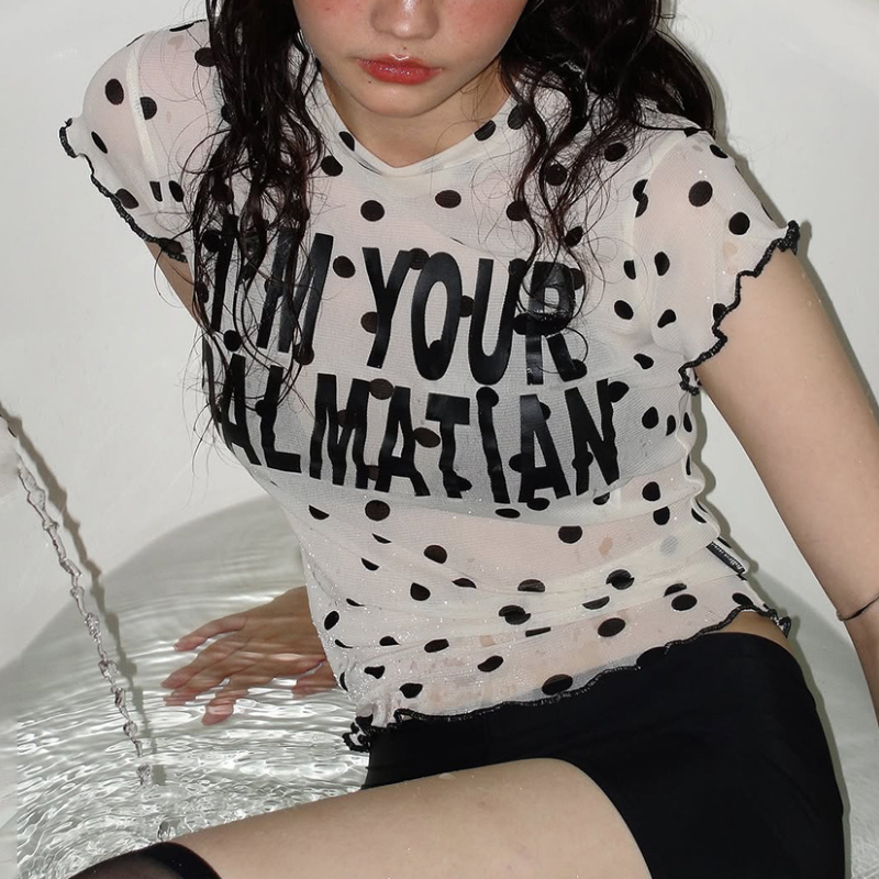 Y2K "I'm Your Dalmatian" Sheer Polka Dot Ruffle Top - Halloween Chic!