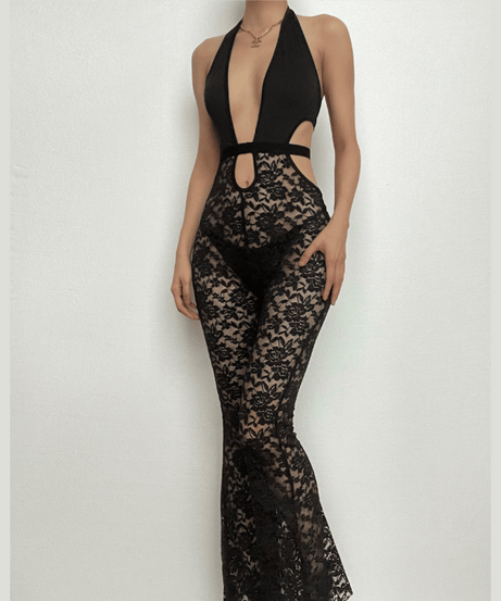 Sultry Black Lace Halter Jumpsuit with Deep V & Flared Legs | Perfect for Halloween & Fall Parties