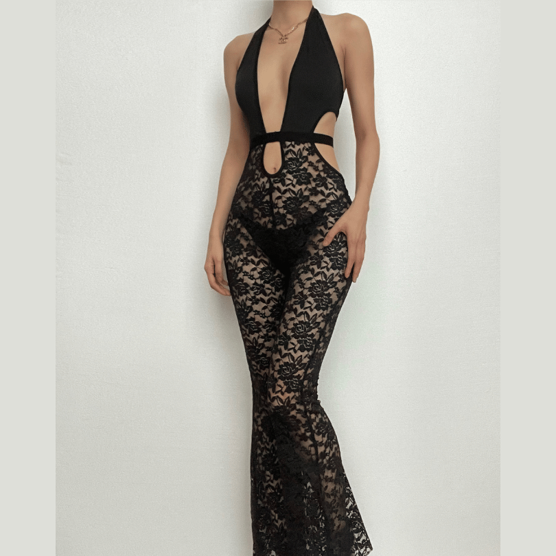Sultry Black Lace Halter Jumpsuit with Deep V & Flared Legs | Perfect for Halloween & Fall Parties