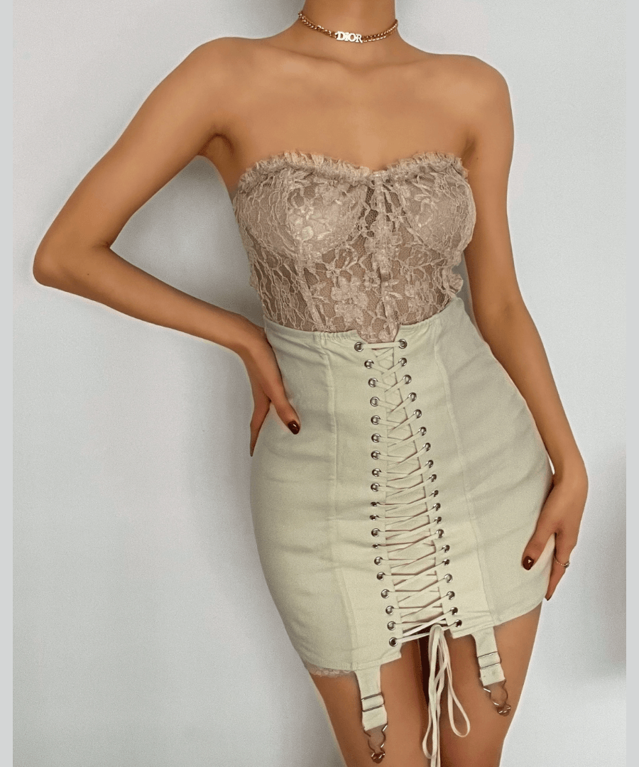 Fall's Edge: Cream Lace-Up Corset Mini Skirt with Garter Straps | High Waist Edgy Chic