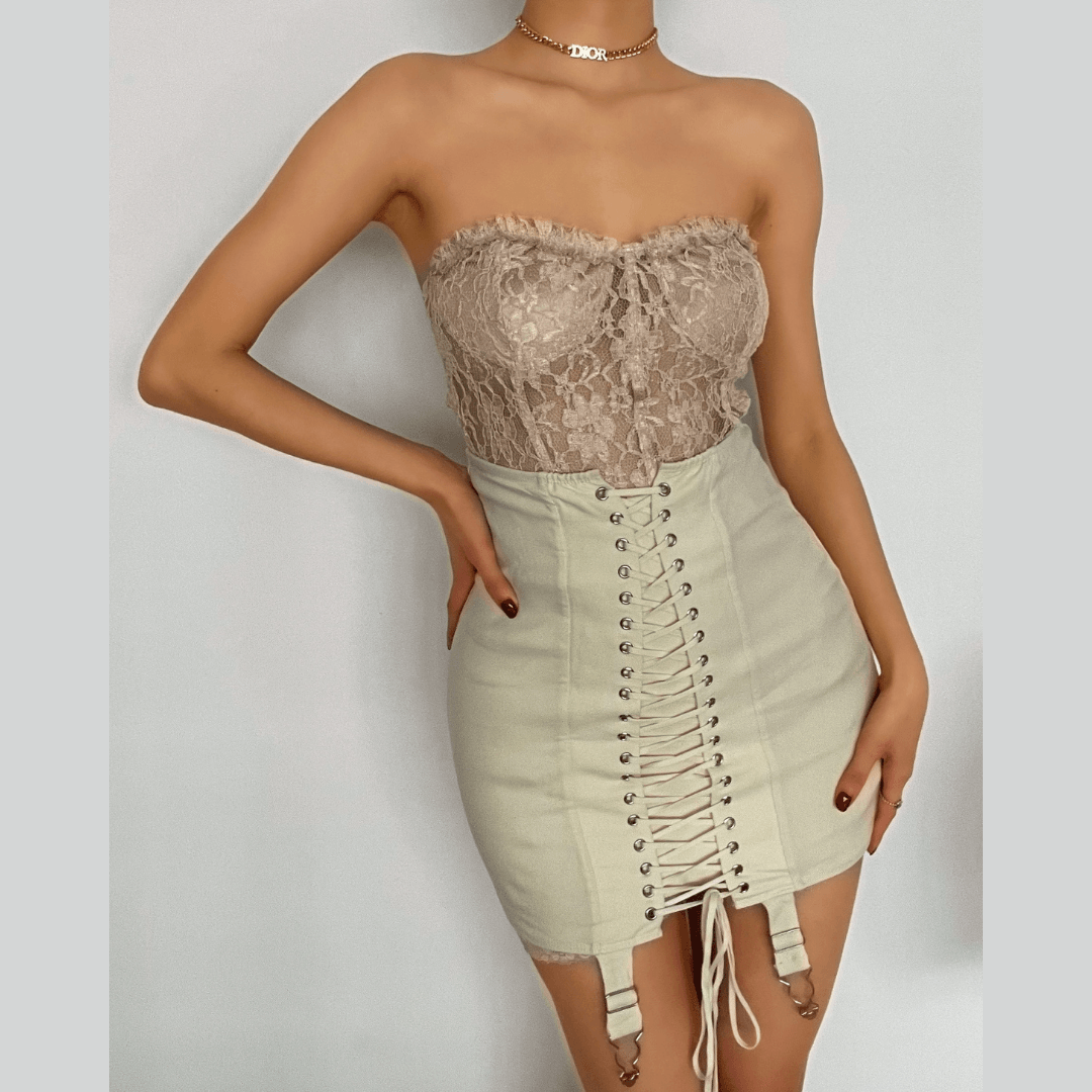 Fall's Edge: Cream Lace-Up Corset Mini Skirt with Garter Straps | High Waist Edgy Chic