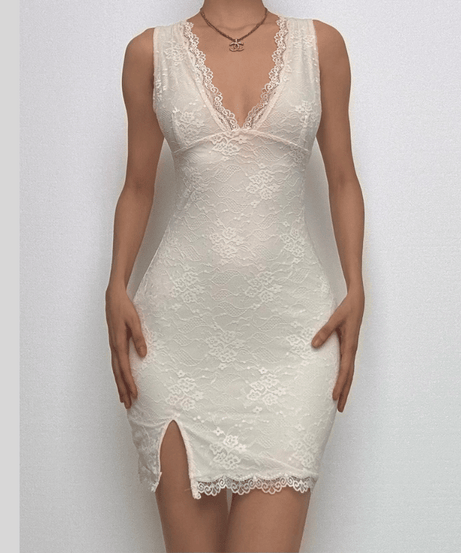 Alluring Ivory Lace V-Neck Mini Dress with Slit | Perfect for Fall Parties & Date Nights