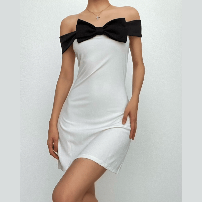 Elegant White Off-Shoulder Mini Dress with Statement Black Bow - Fall Party & Date Night Ready