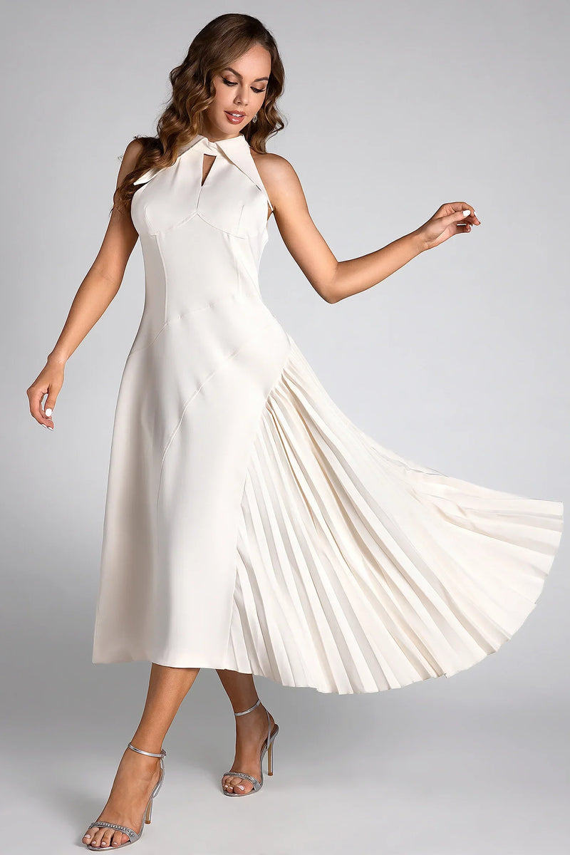 Debby White Halter Neck Pleated Semi Formal Dress