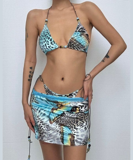 Y2K Tropical Butterfly Leopard 3-Piece Halter Mini Skirt Set - Resort Ready Getaway Swim
