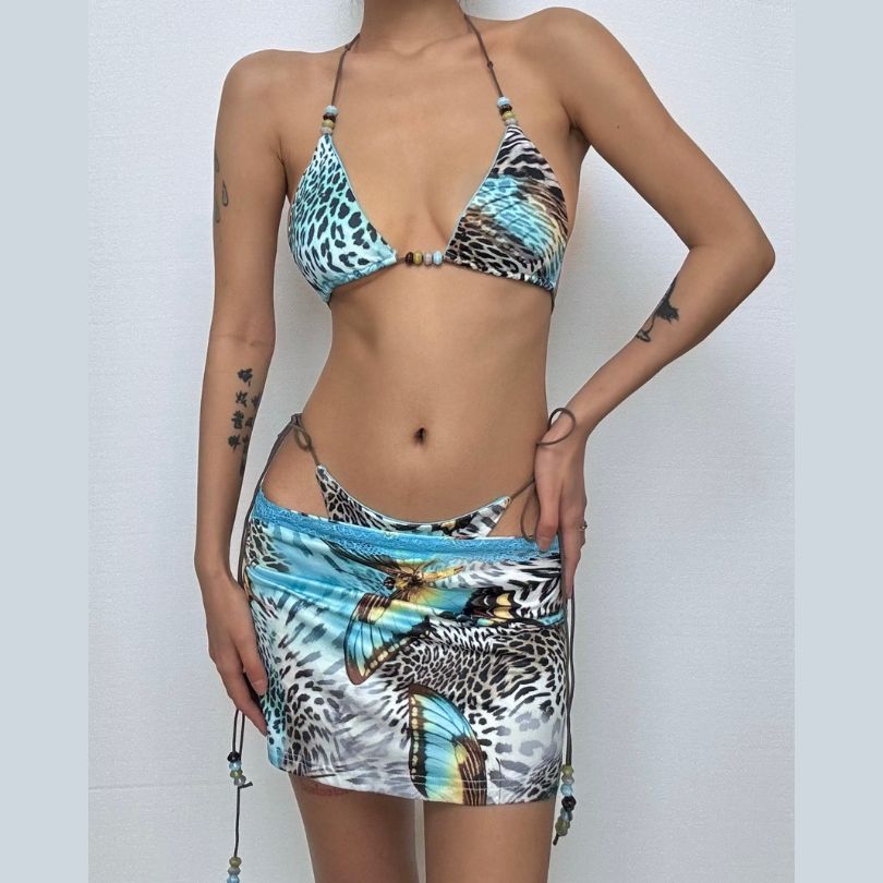 Y2K Tropical Butterfly Leopard 3-Piece Halter Mini Skirt Set - Resort Ready Getaway Swim