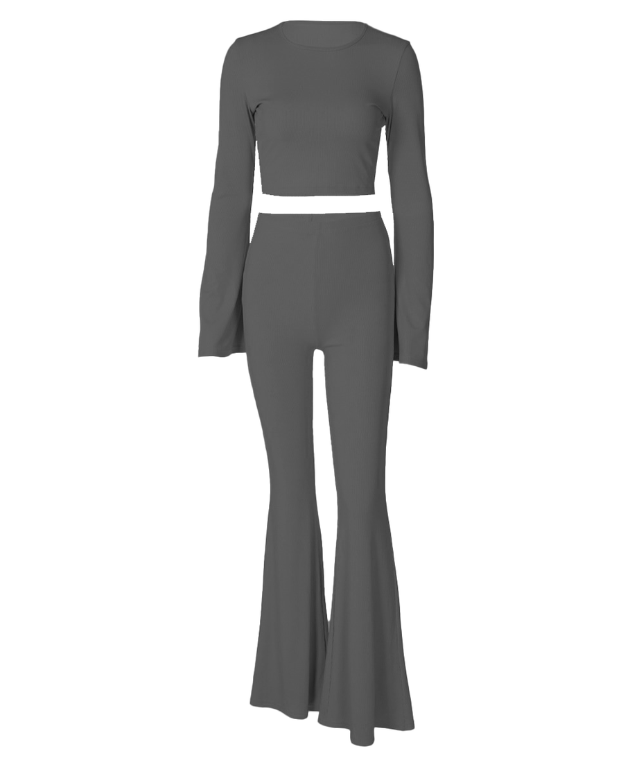 Fall Flair: Sky Blue Ribbed Bell Sleeve Crop Top & Flare Pant Set - Cozy Chic Loungewear
