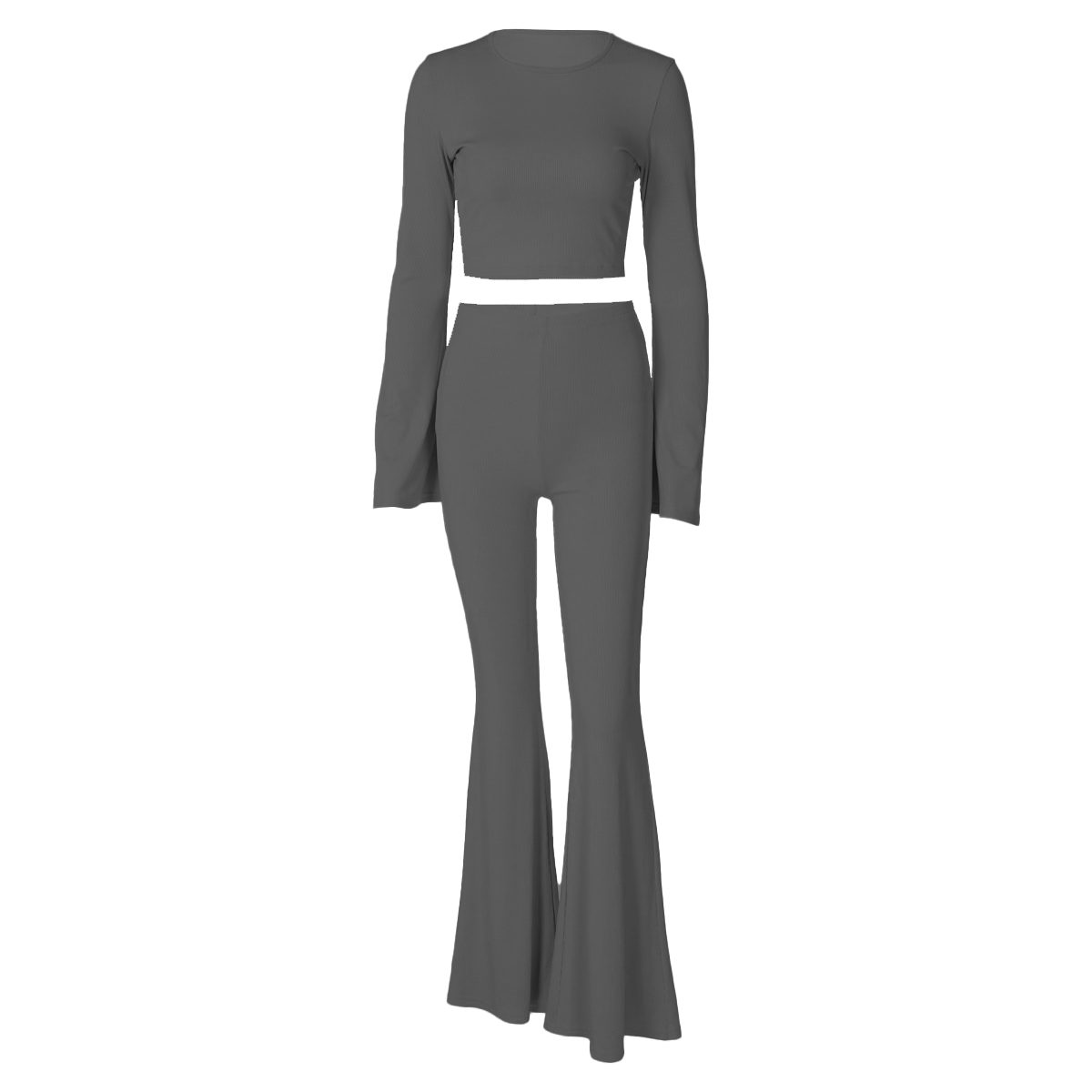 Fall Flair: Sky Blue Ribbed Bell Sleeve Crop Top & Flare Pant Set - Cozy Chic Loungewear