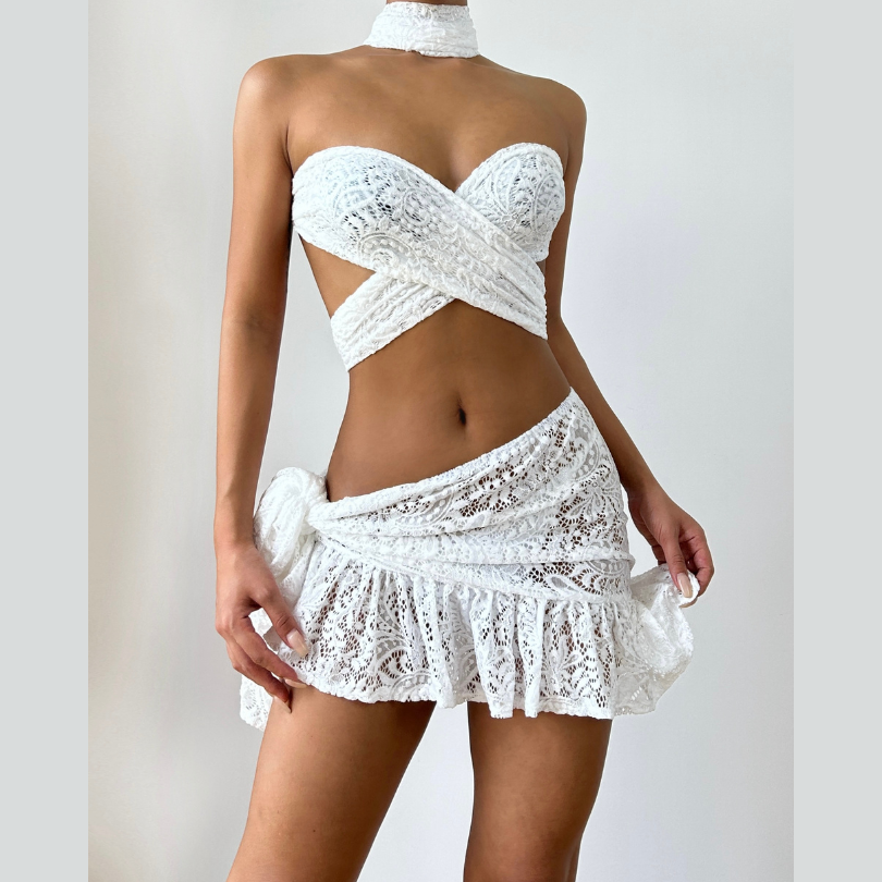 Stunning White Lace Criss-Cross Crop Top & Ruffled Mini Skirt Set - Your Ultimate Resort & Holiday Escape Look