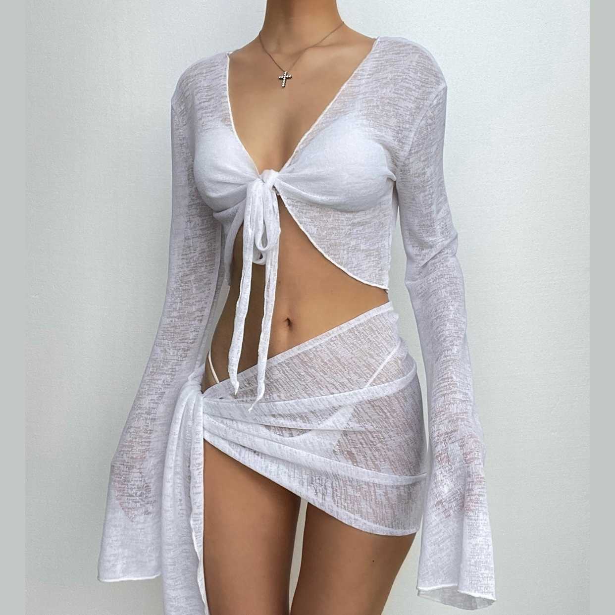 Sultry Sage Sheer Knit Two-Piece Set | Tie-Front Crop Top & Ruched Mini Skirt for Daring Fall Nights