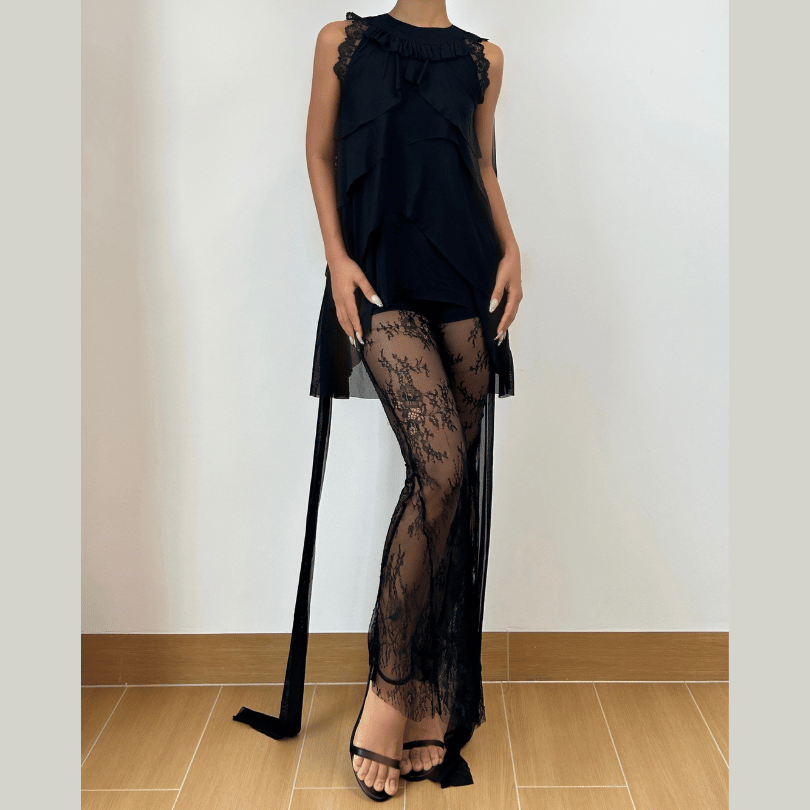Allure & Elegance: Black High-Rise Sheer Lace Flare Pants - Your Go-To for Fall Evenings & Holiday Glam
