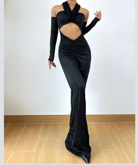 Sultry Black Sheer Mesh Sleeve Maxi Dress with Hooded Drape & Cutouts - Fall Party & Event Ready