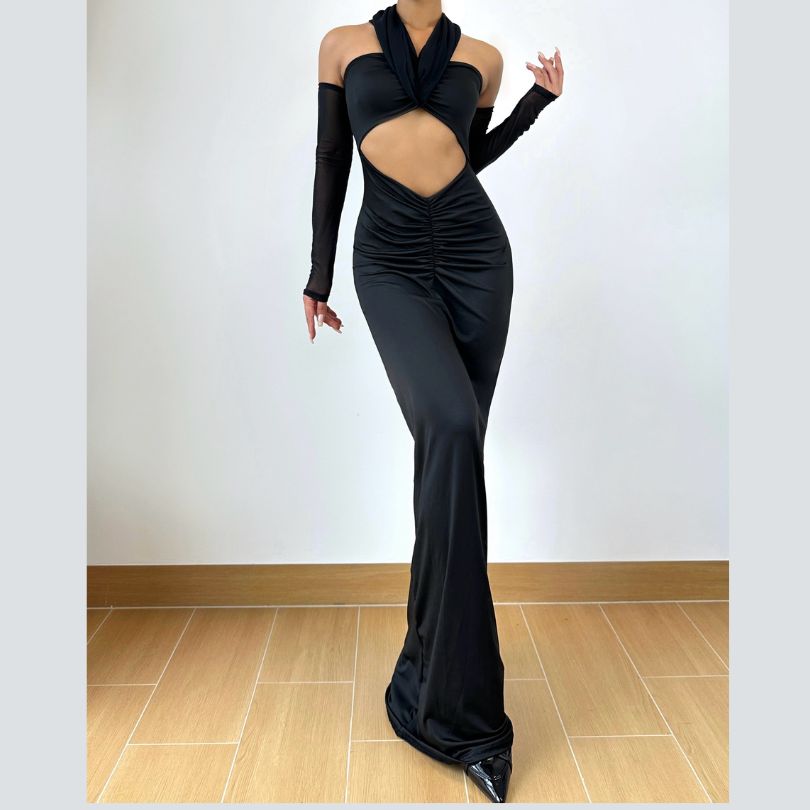 Sultry Black Sheer Mesh Sleeve Maxi Dress with Hooded Drape & Cutouts - Fall Party & Event Ready