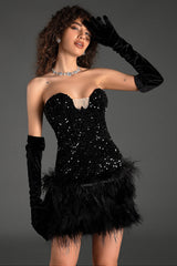 Katia Off Shoulder Sequin Feather Dress With Gloves