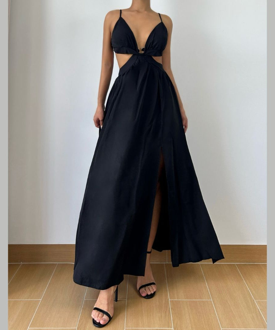 Sultry Black Deep V Cutout Maxi Dress with High Slit - Perfect for Fall Soirées & Holiday Glamour