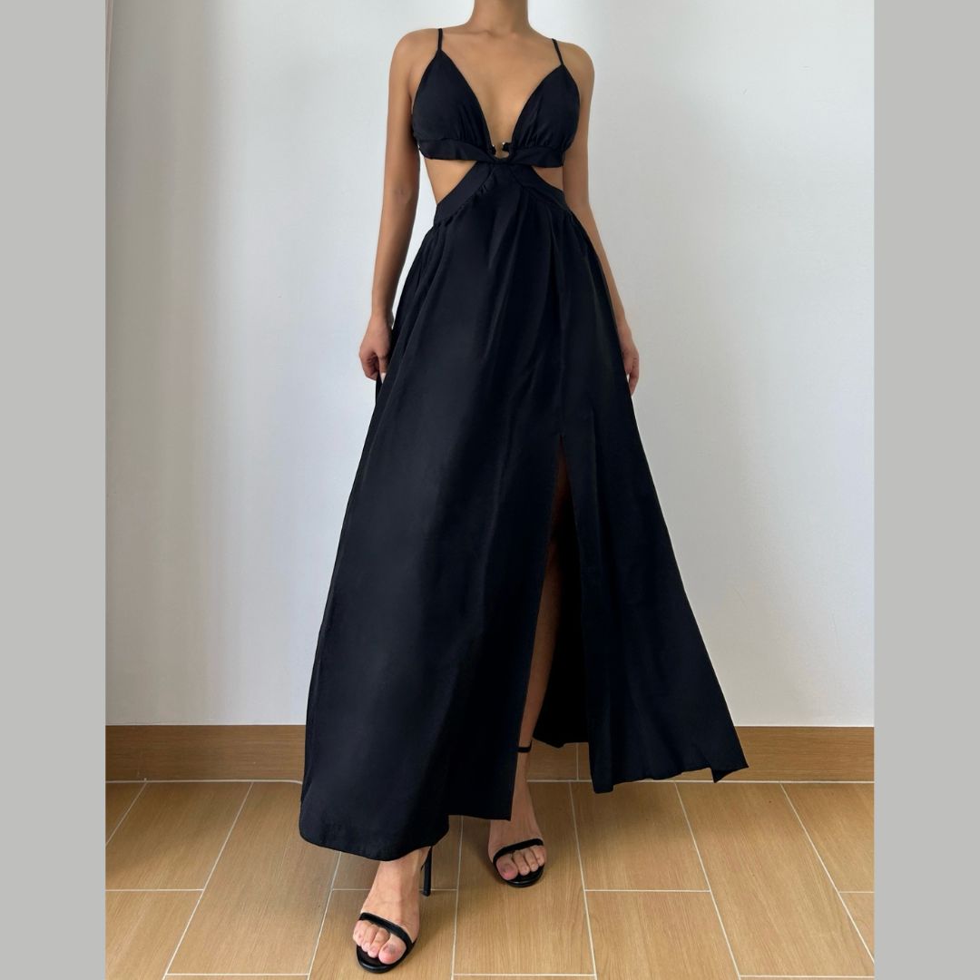 Sultry Black Deep V Cutout Maxi Dress with High Slit - Perfect for Fall Soirées & Holiday Glamour