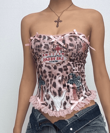 Vegas Vixen Pink Leopard Tube Top - Y2K Glam, Bows & Lace for Wild Fall Nights