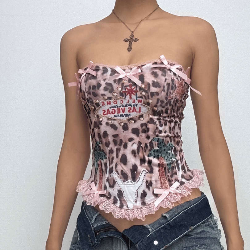 Vegas Vixen Pink Leopard Tube Top - Y2K Glam, Bows & Lace for Wild Fall Nights