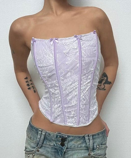 Y2K Lilac Lace Strapless Corset Top - Fall Party & Holiday Glam Bustier