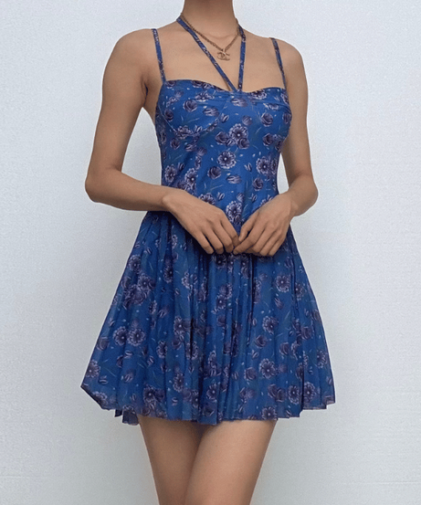 Flirty Floral Blue Mini Dress: Sweetheart Halter Neck for Fall Getaways & Date Nights