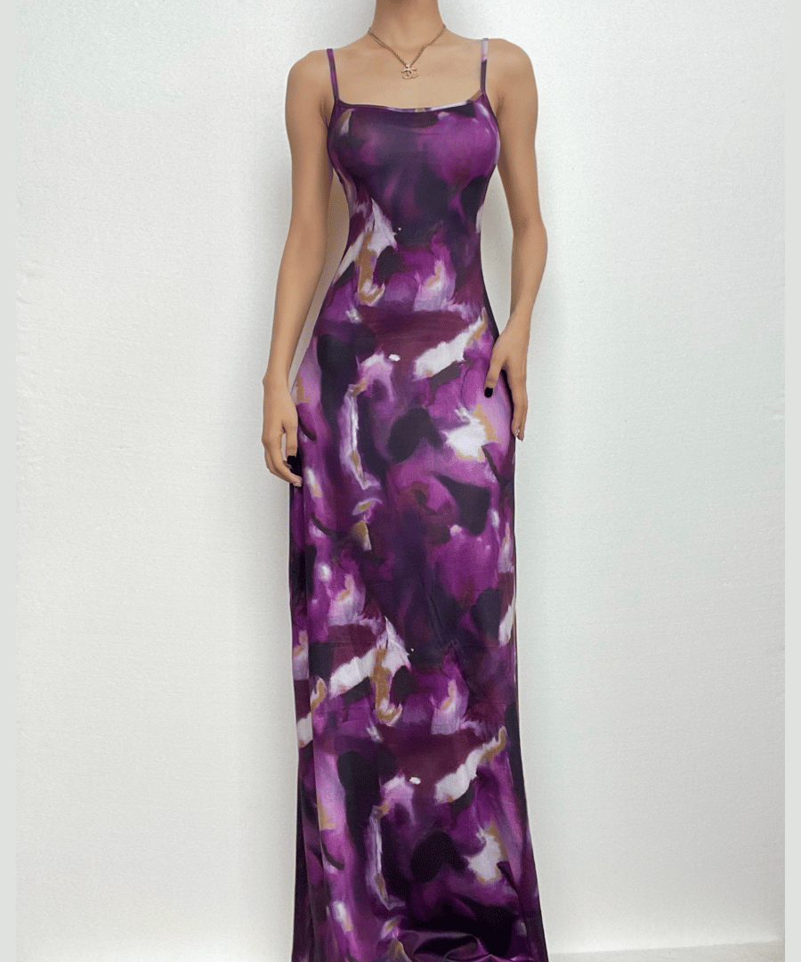 Elegant Amethyst Watercolor Maxi Dress - Square Neck Backless Slip for Fall/Holiday Season