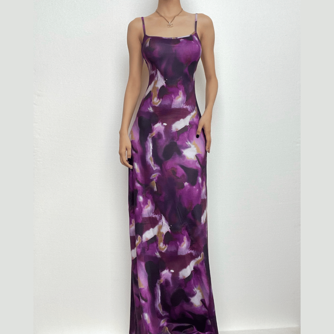 Elegant Amethyst Watercolor Maxi Dress - Square Neck Backless Slip for Fall/Holiday Season