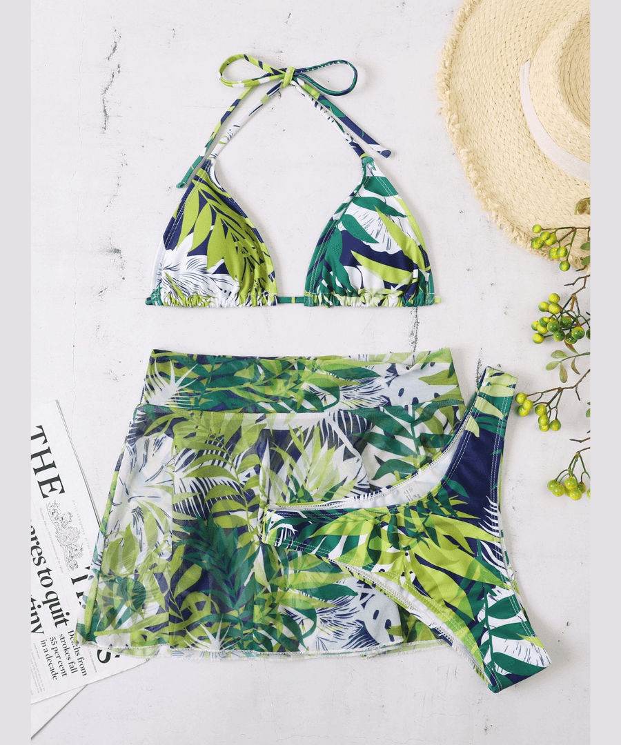 Chic Tropical Leaf Halter Skirted Swimsuit - Flattering Resort & Vacation Ready Bikini Set