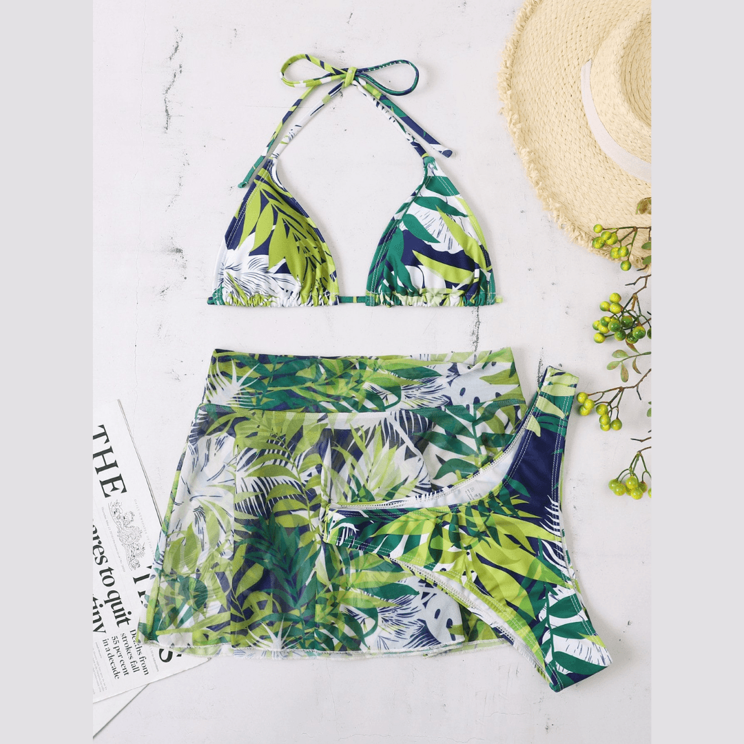 Chic Tropical Leaf Halter Skirted Swimsuit - Flattering Resort & Vacation Ready Bikini Set